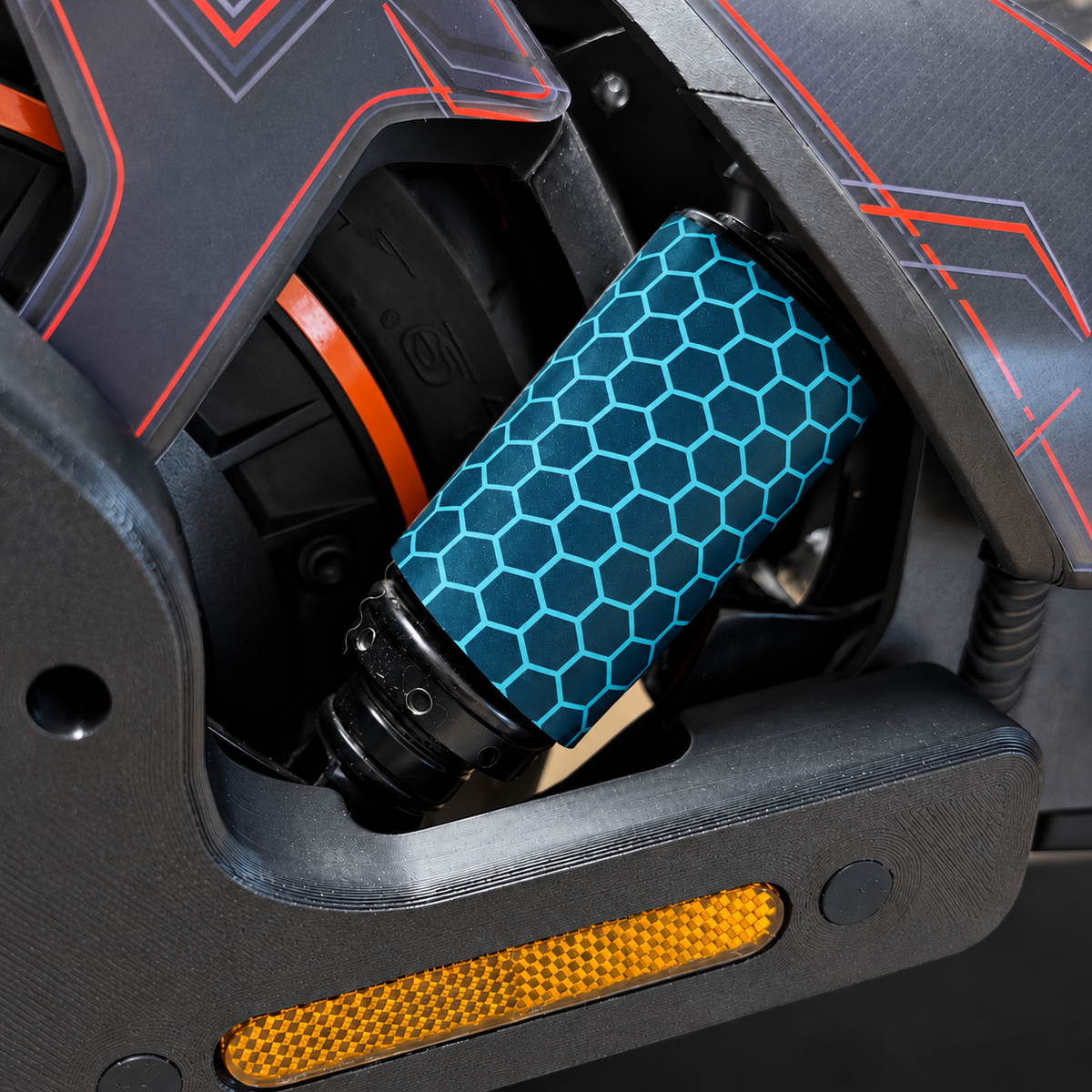 Ice Blue Hex – digitale Designvorschau am Dämpfer nach Originalfoto; nur Aufkleber enthalten