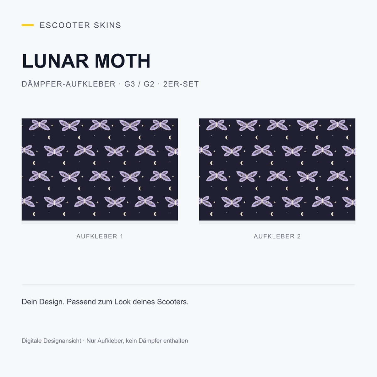 Lunar Moth – Dämpfer-Aufkleber G3 / G2, 2er-Set, digitale Designansicht