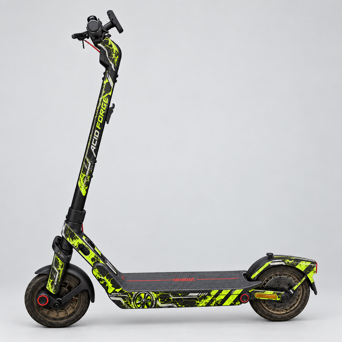 Acid Forge – Designvisualisierung des montierten Skins am Segway Ninebot E3. Scooter nicht enthalten.