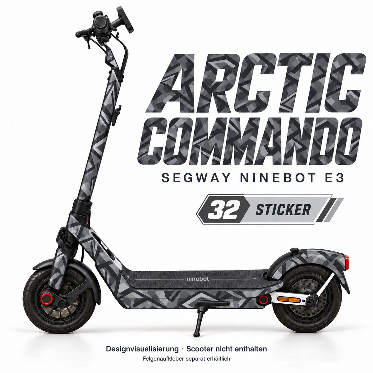 ARCTIC COMMANDO Skin am Segway Ninebot E3 – Designvisualisierung, Felgenaufkleber separat