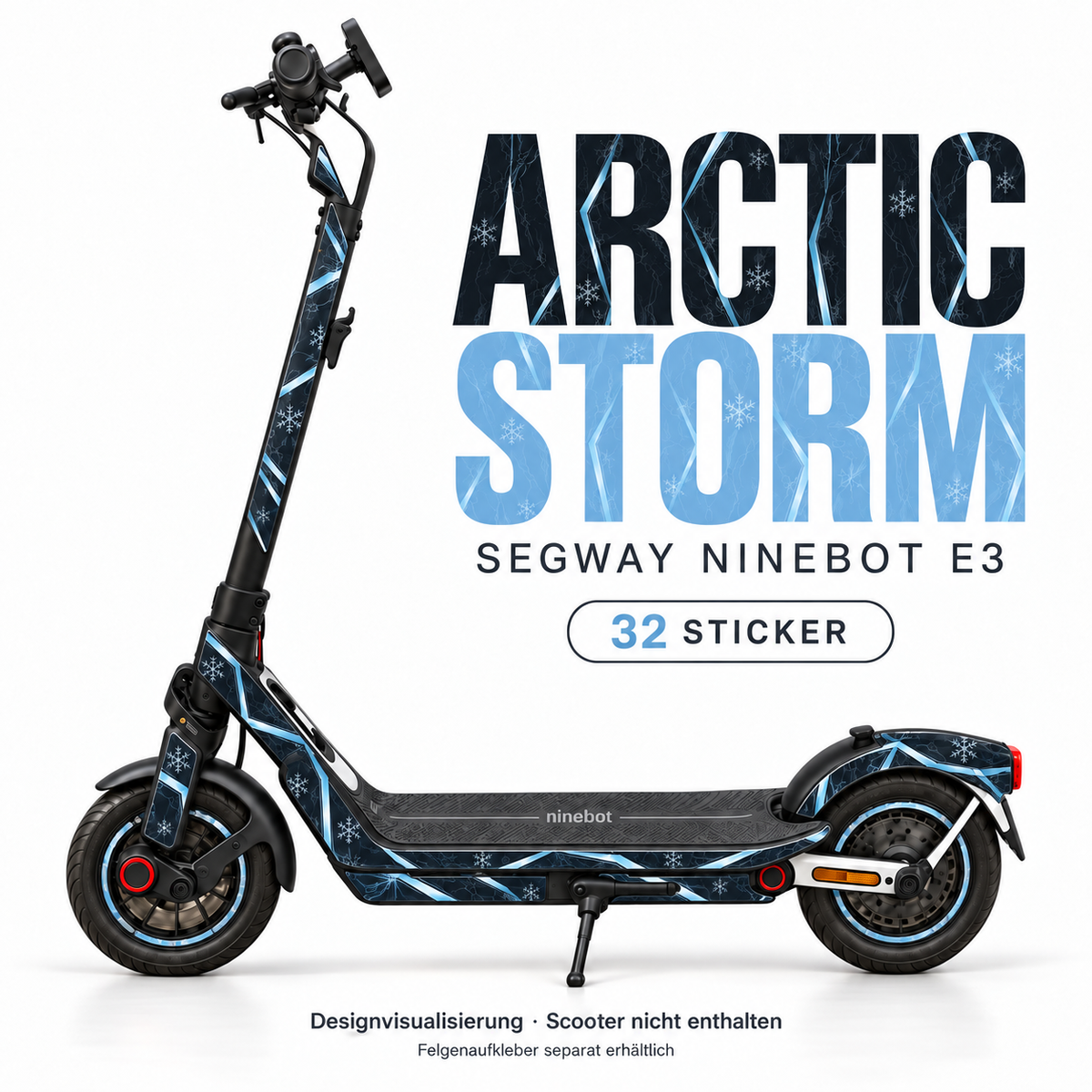 ARCTIC STORM Skin für Segway Ninebot E3. Felgenaufkleber separat erhältlich.