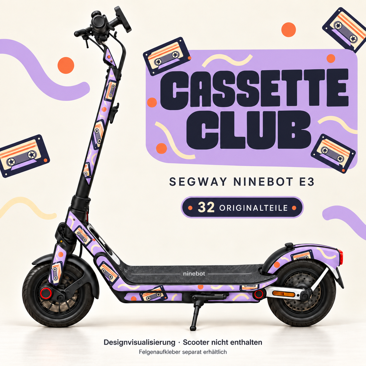 CASSETTE CLUB Skin für Segway Ninebot E3. Felgenaufkleber separat erhältlich.