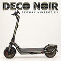 DECO NOIR für Segway Ninebot E3: Graphit mit champagnerfarbenen und elfenbeinfarbenen Linien und dezenten Art-Deco-Rauten; große Designschrift, originale graue Trittmatte.