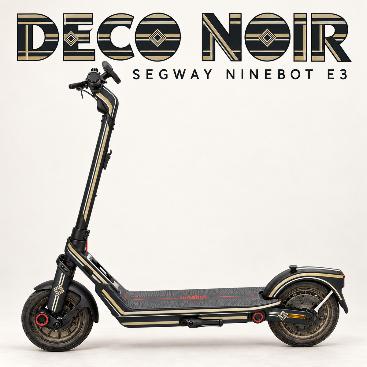 DECO NOIR für Segway Ninebot E3: Graphit mit champagnerfarbenen und elfenbeinfarbenen Linien und dezenten Art-Deco-Rauten; große Designschrift, originale graue Trittmatte.