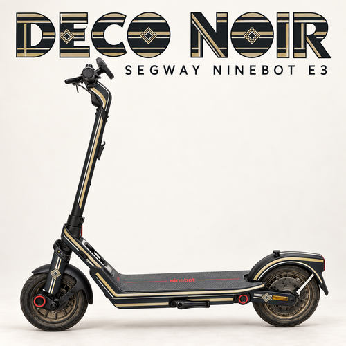 DECO NOIR für Segway Ninebot E3: Graphit mit champagnerfarbenen und elfenbeinfarbenen Linien und dezenten Art-Deco-Rauten; große Designschrift, originale graue Trittmatte.