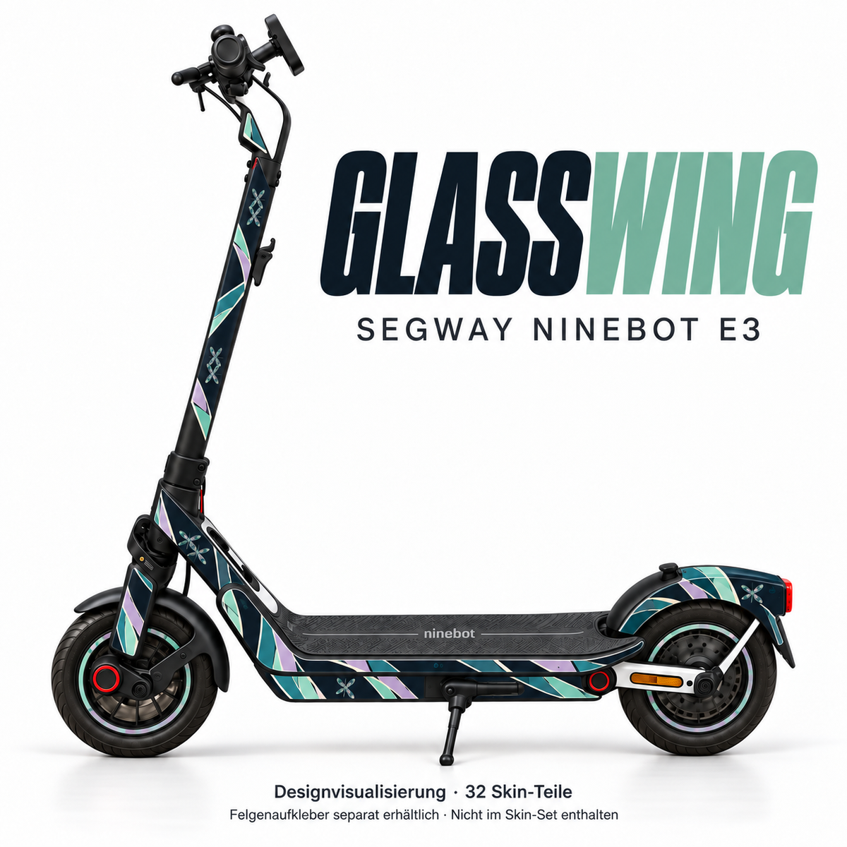 GLASSWING Skin für Segway Ninebot E3. Felgenaufkleber separat erhältlich.