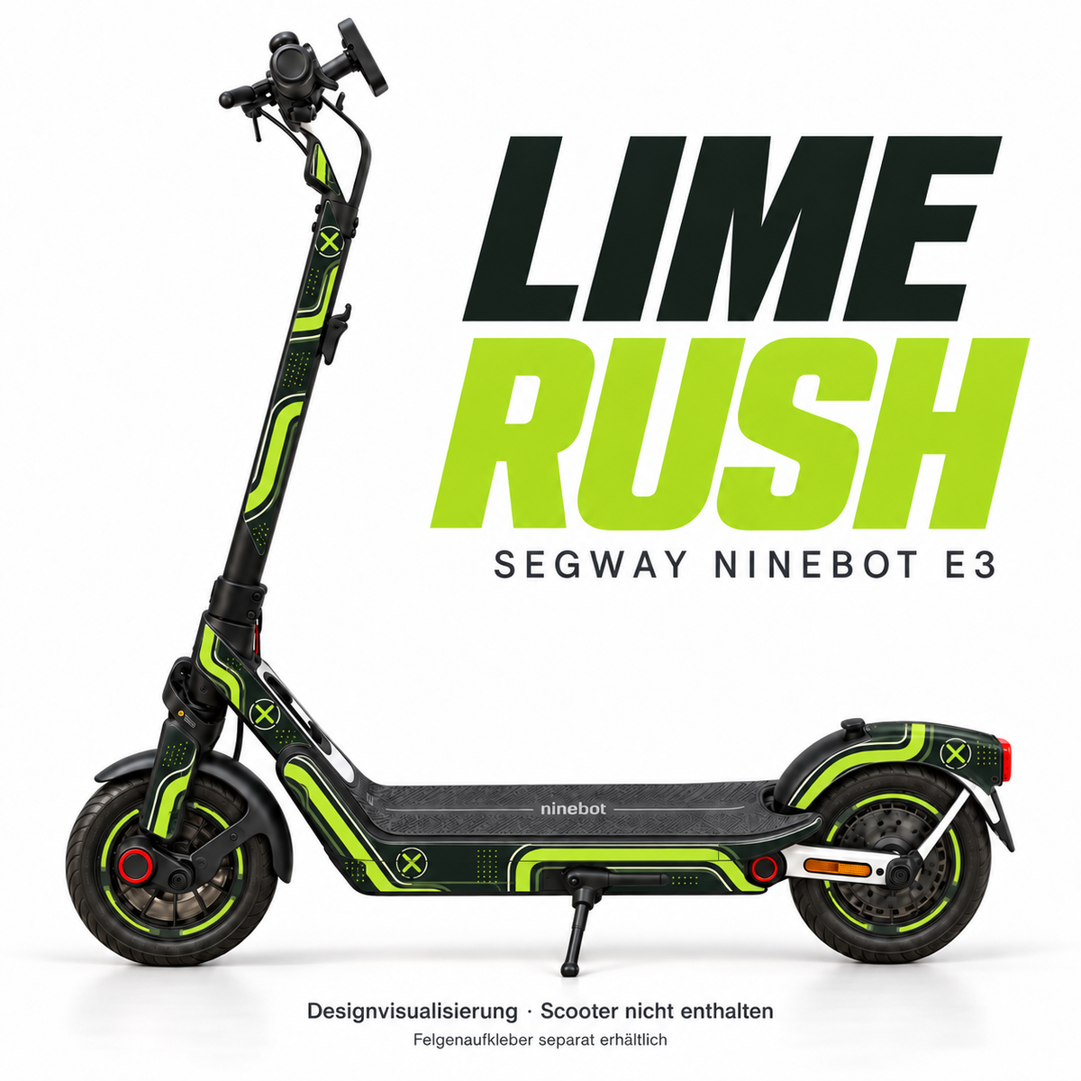 LIME RUSH Skin für Segway Ninebot E3. Felgenaufkleber separat erhältlich.