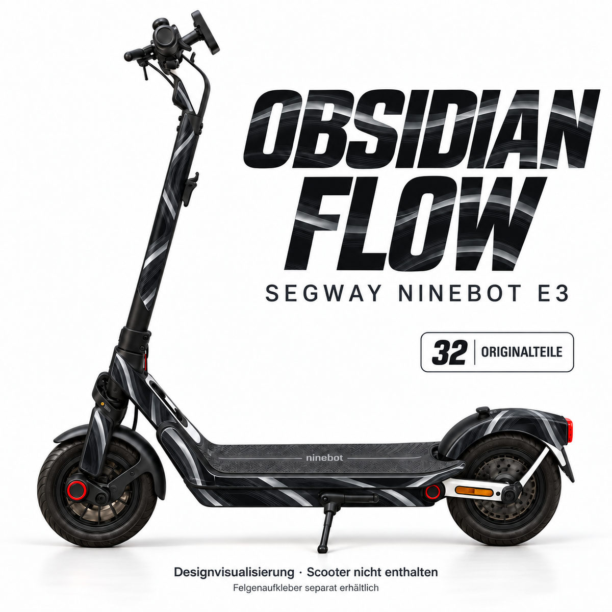 OBSIDIAN FLOW Skin für Segway Ninebot E3. Felgenaufkleber separat erhältlich.