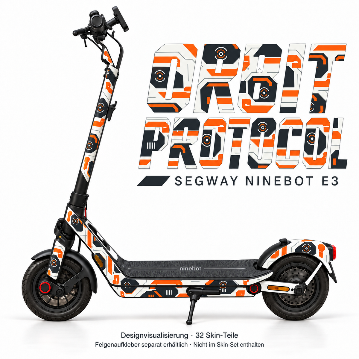 ORBIT PROTOCOL Skin für Segway Ninebot E3. Felgenaufkleber separat erhältlich.