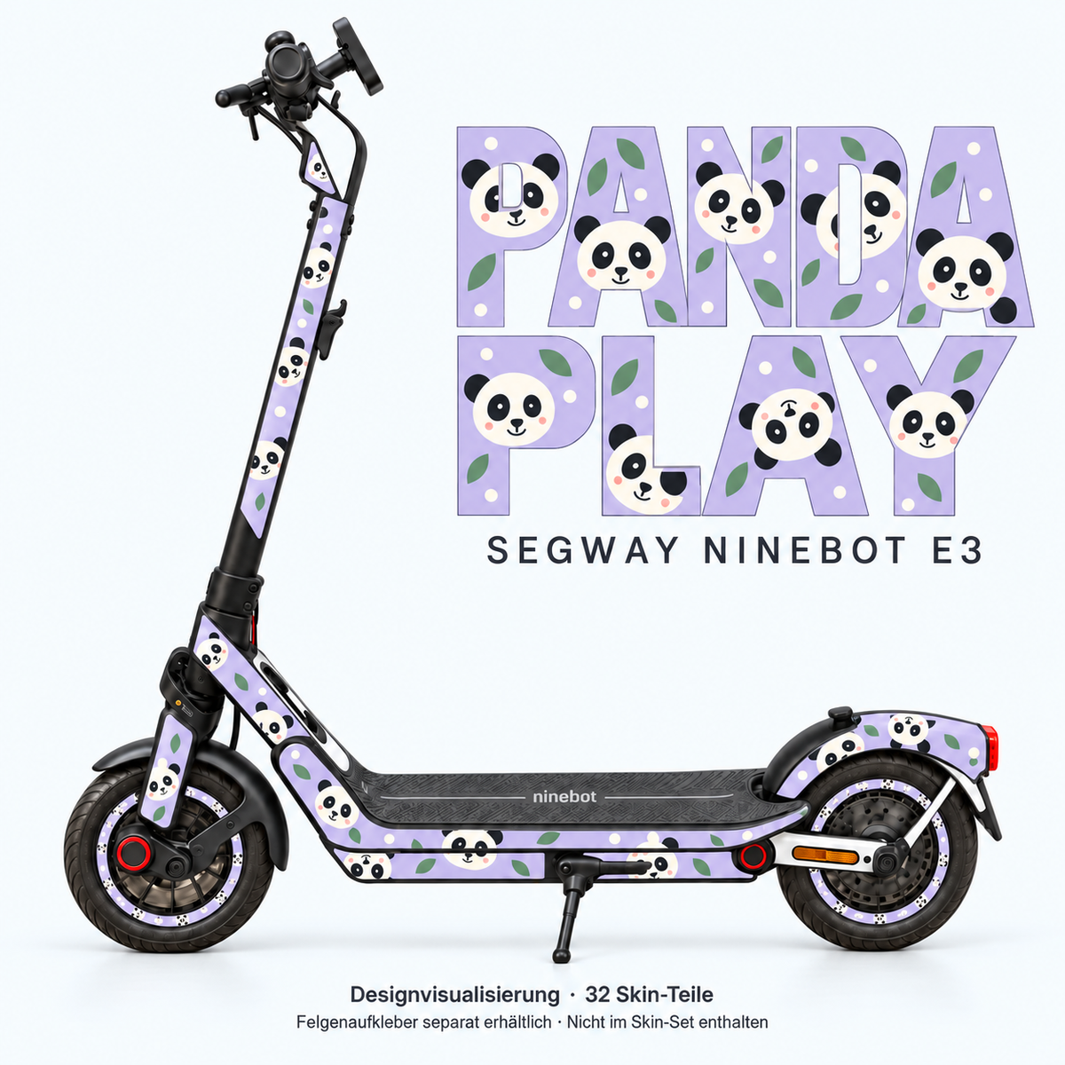 PANDA PLAY Skin für Segway Ninebot E3. Felgenaufkleber separat erhältlich.