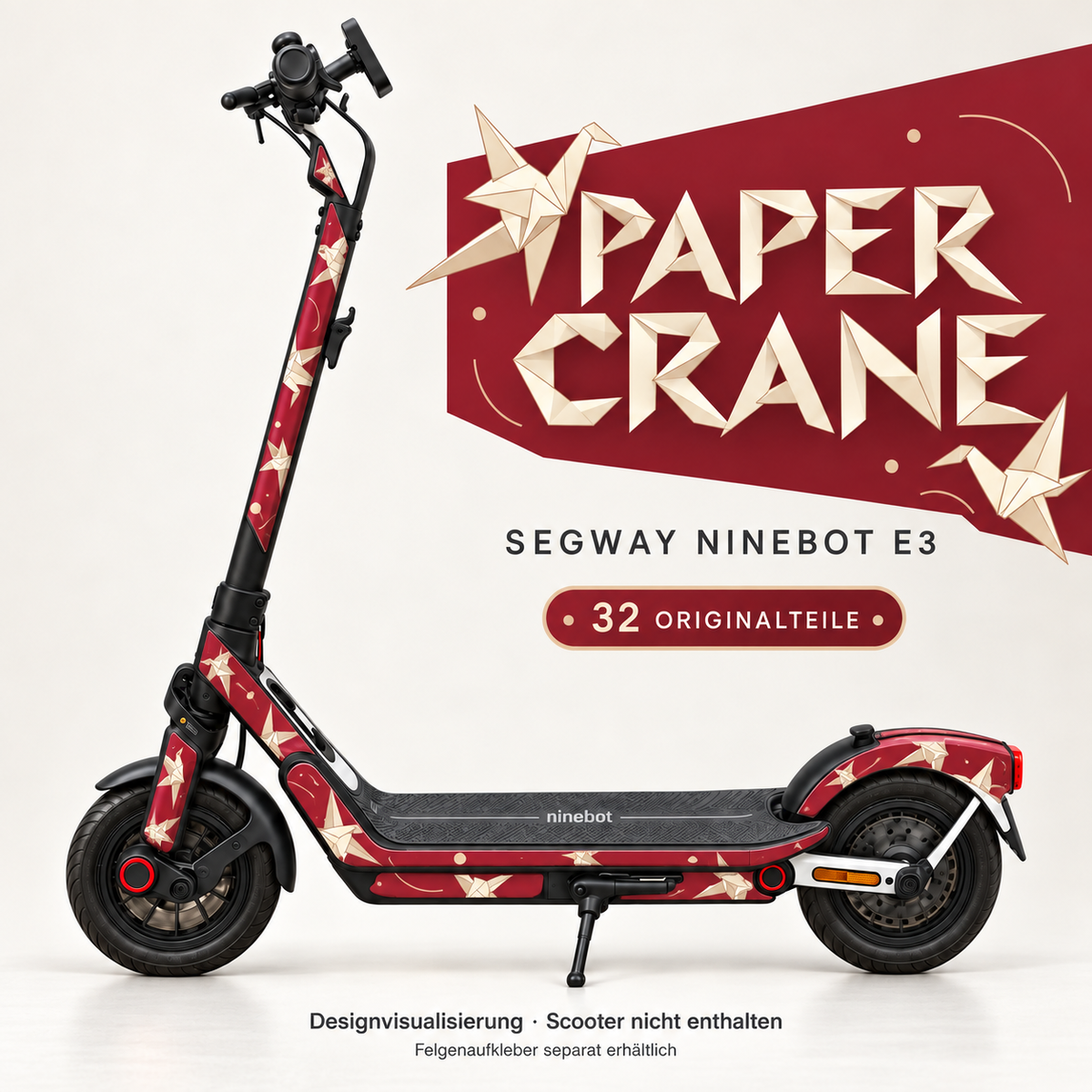 PAPER CRANE Skin für Segway Ninebot E3. Felgenaufkleber separat erhältlich.