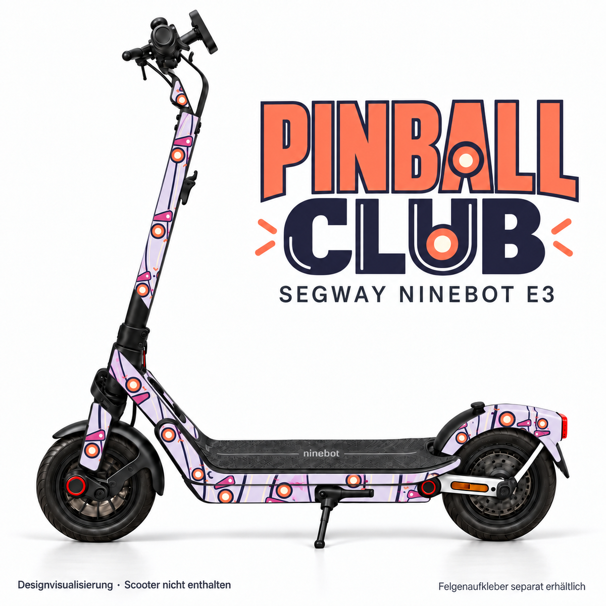 PINBALL CLUB Skin für Segway Ninebot E3. Felgenaufkleber separat erhältlich.