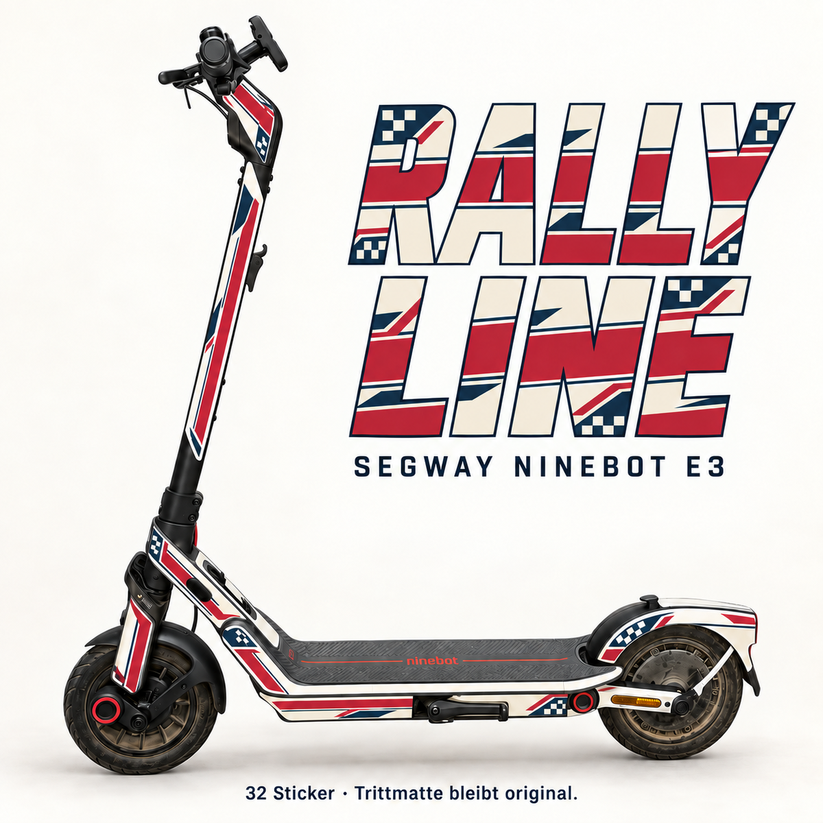 RALLY LINE für Segway Ninebot E3: Cremeweiß, Marineblau und rote Rennstreifen mit kleinen Schachbrett-Akzenten; großer Designschriftzug, originale graue Trittmatte.
