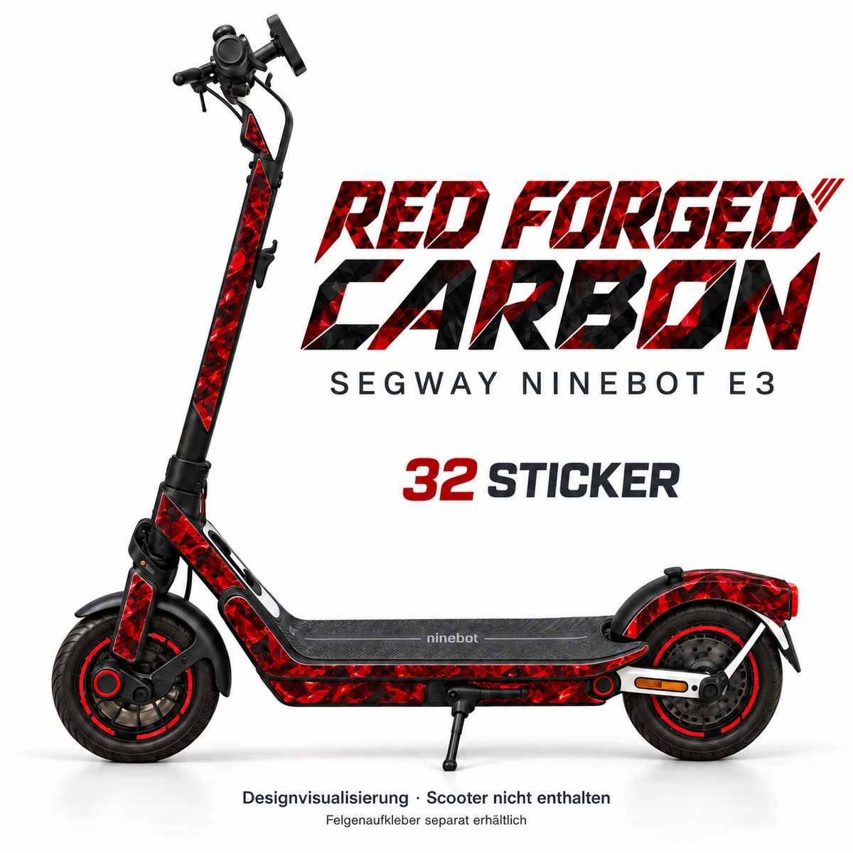 RED FORGED CARBON Skin für Segway Ninebot E3. Felgenaufkleber separat erhältlich.