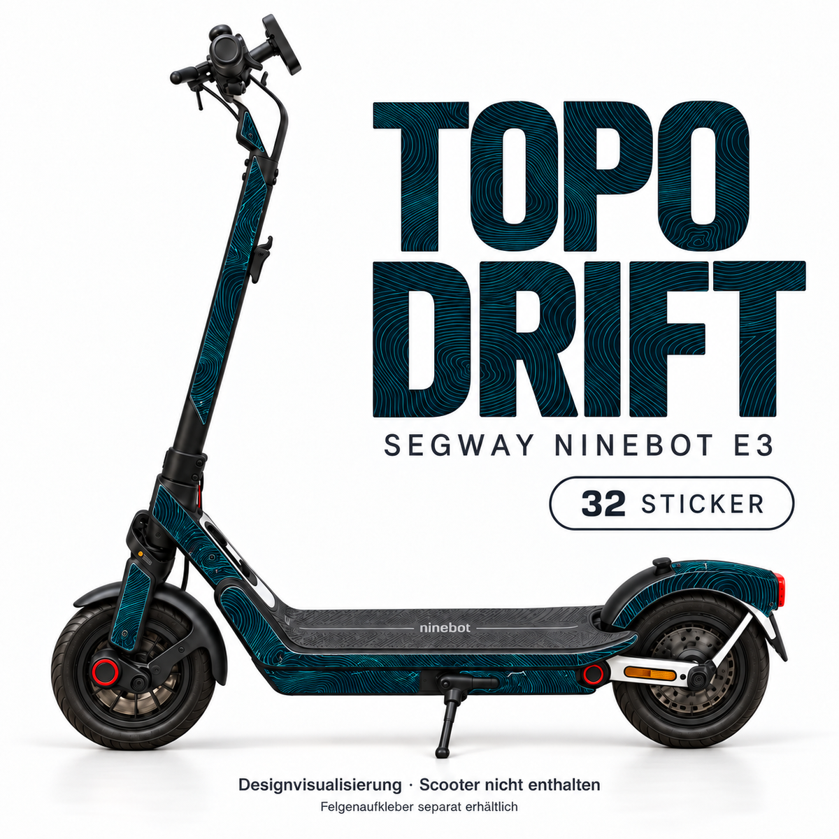 TOPO DRIFT Skin für Segway Ninebot E3. Felgenaufkleber separat erhältlich.