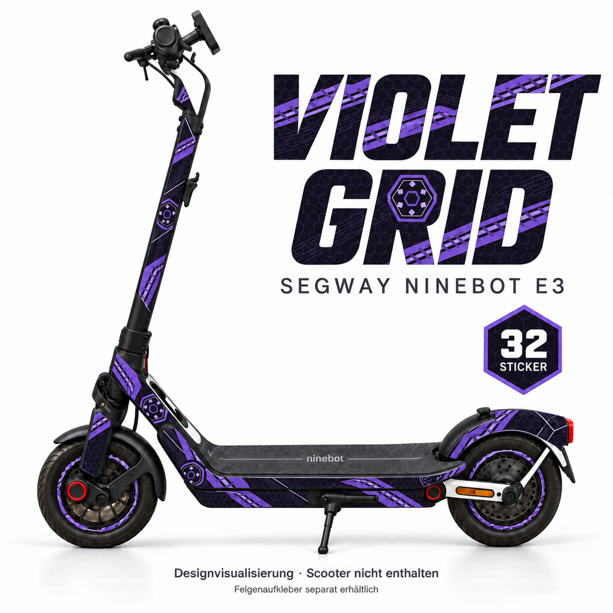 VIOLET GRID Skin für Segway Ninebot E3. Felgenaufkleber separat erhältlich.