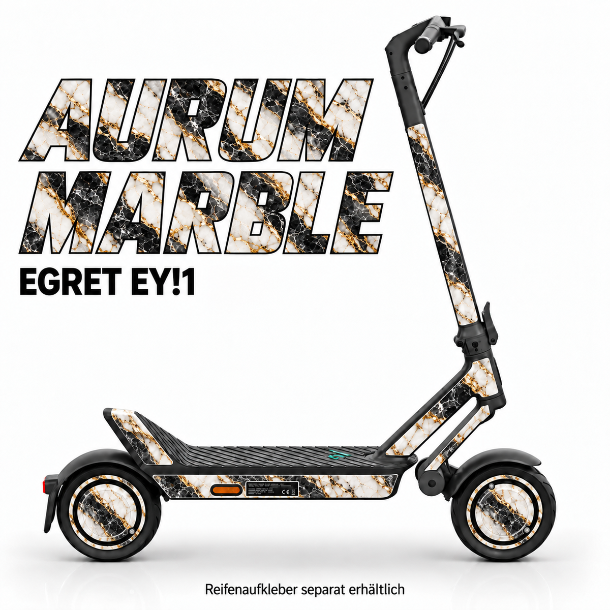 EGRET EY!1 SKIN | AURUM MARBLE – Designvisualisierung; Scooter nicht enthalten. Reifenaufkleber separat erhältlich.
