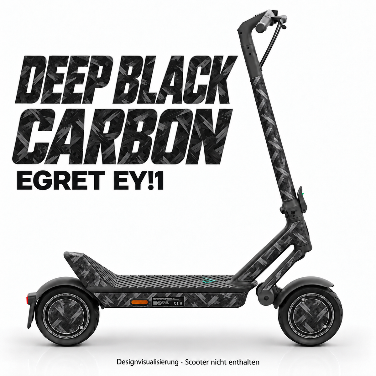 Egret Ey!1 Skin DEEP BLACK CARBON – Designvisualisierung. Reifenaufkleber separat erhältlich. Scooter nicht enthalten.