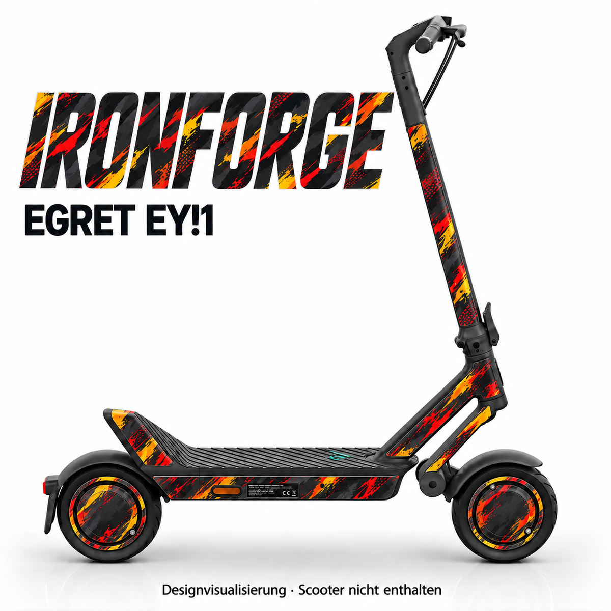 Egret Ey!1 Skin IRONFORGE – Designvisualisierung. Reifenaufkleber separat erhältlich. Scooter nicht enthalten.