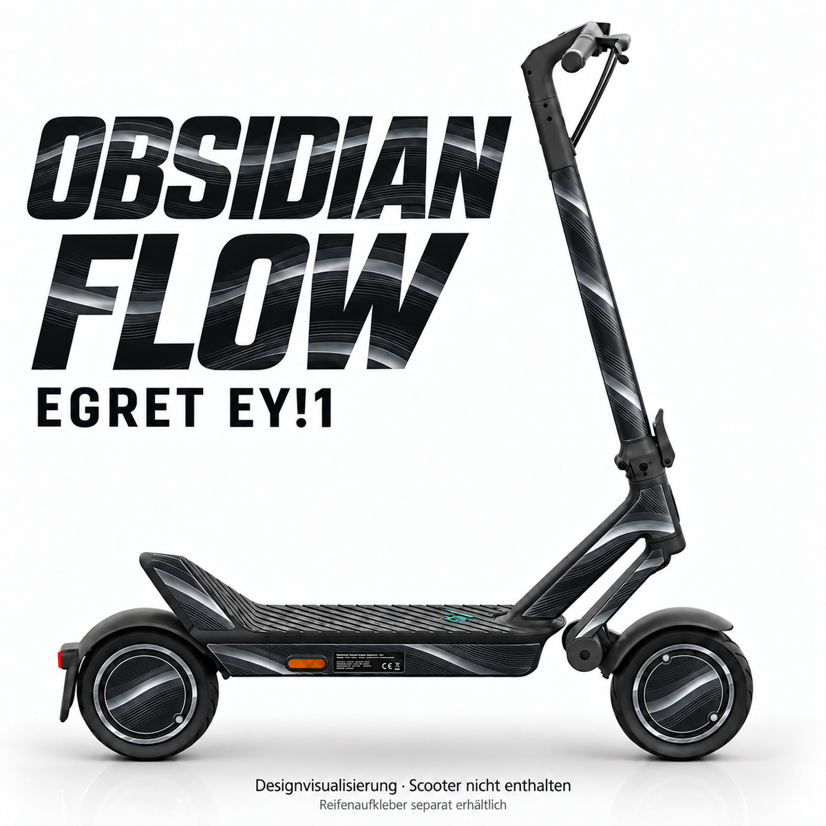 EGRET EY!1 SKIN | OBSIDIAN FLOW – Designvisualisierung; Scooter nicht enthalten. Reifenaufkleber separat erhältlich.