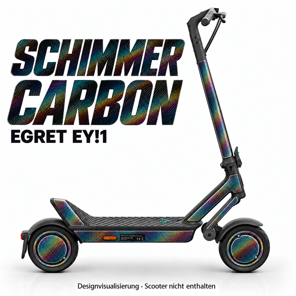 Egret Ey!1 Skin SCHIMMER CARBON – Designvisualisierung. Reifenaufkleber separat erhältlich. Scooter nicht enthalten.