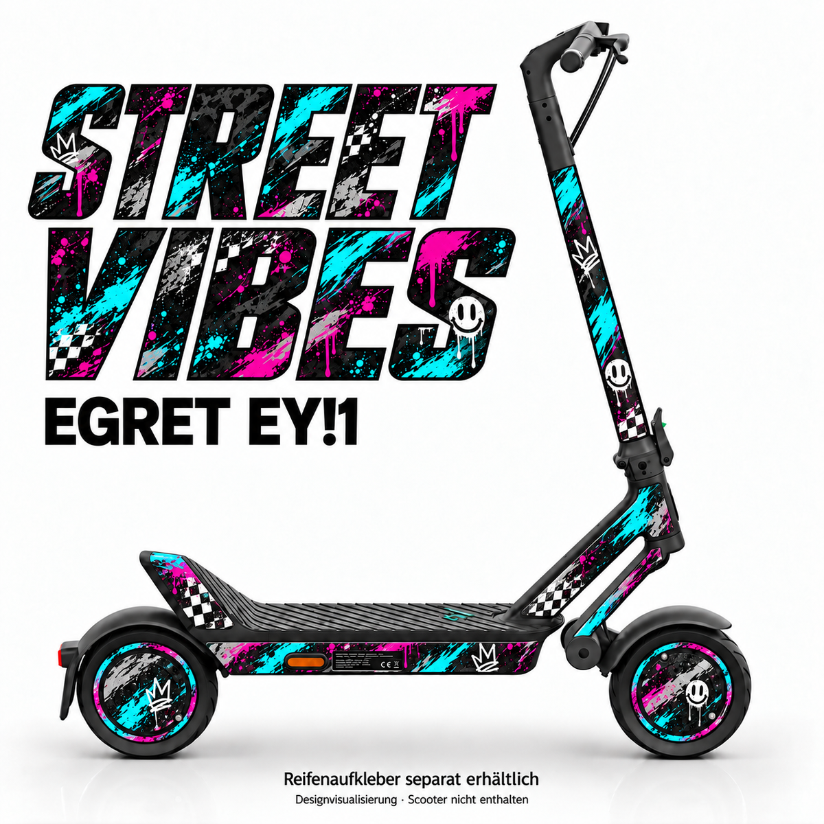 EGRET EY!1 SKIN | STREET VIBES – Designvisualisierung; Scooter nicht enthalten. Reifenaufkleber separat erhältlich.