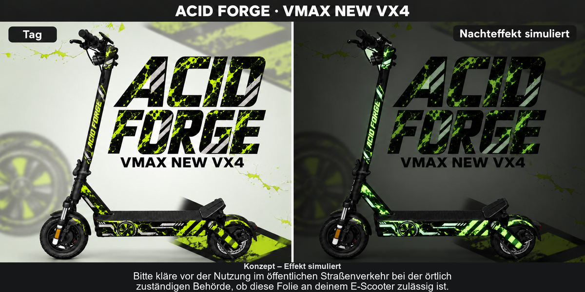 ACID FORGE am VMAX NEW VX4: Tag und simuliertes Nachleuchten. Konzept, Effekt simuliert. Bitte kläre vor der Nutzung im öffentlichen Straßenverkehr bei der örtlich zuständigen Behörde, ob diese Folie an deinem E-Scooter zulässig ist.