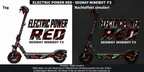 ELECTRIC POWER RED am Segway Ninebot F3: Tag und simuliertes Nachleuchten. Konzept, Effekt simuliert. Bitte kläre vor der Nutzung im öffentlichen Straßenverkehr bei der örtlich zuständigen Behörde, ob diese Folie an deinem E-Scooter zulässig ist.