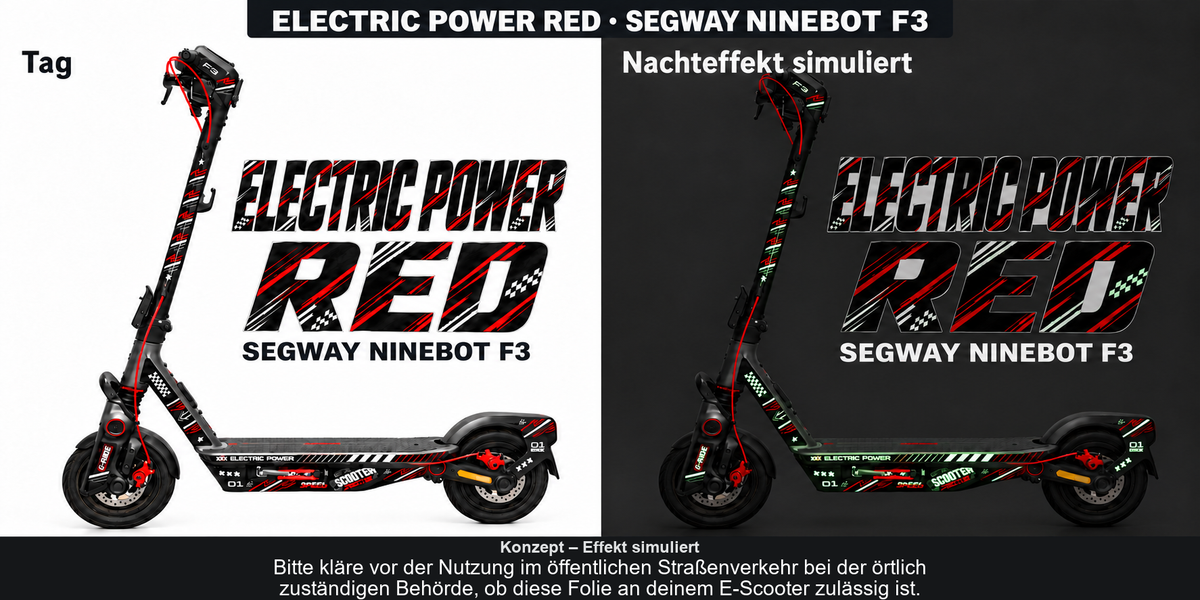 ELECTRIC POWER RED am Segway Ninebot F3: Tag und simuliertes Nachleuchten. Konzept, Effekt simuliert. Bitte kläre vor der Nutzung im öffentlichen Straßenverkehr bei der örtlich zuständigen Behörde, ob diese Folie an deinem E-Scooter zulässig ist.