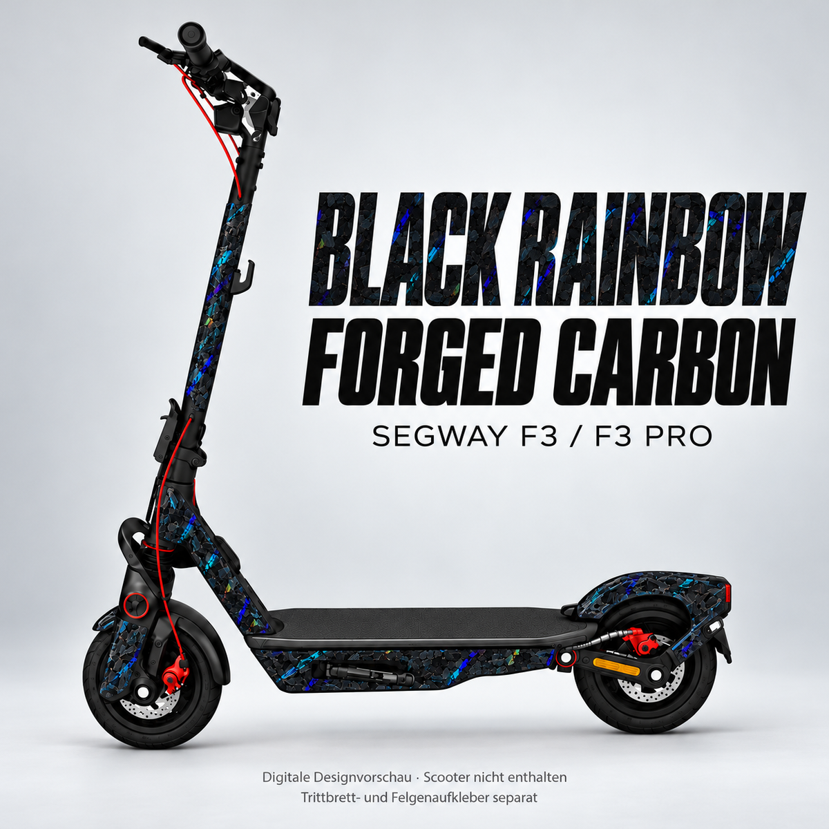 Black Rainbow Forged Carbon Skin für Segway Ninebot F3 / F3 Pro – digitale Designvorschau; Scooter, Trittbrett und Felgenaufkleber separat.