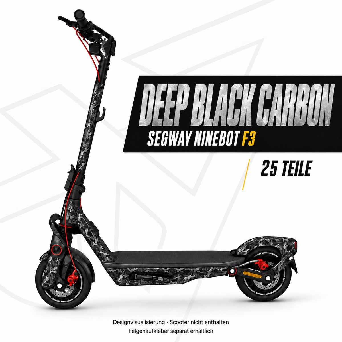 DEEP BLACK CARBON Skin für Segway Ninebot F3. Felgenaufkleber separat erhältlich.