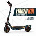 EMBER KOI Designansicht für Segway Ninebot F3: orange-cremefarbene Koipaare und blaue Wasserlinien auf Petrol; originale Trittmatte bleibt erhalten.