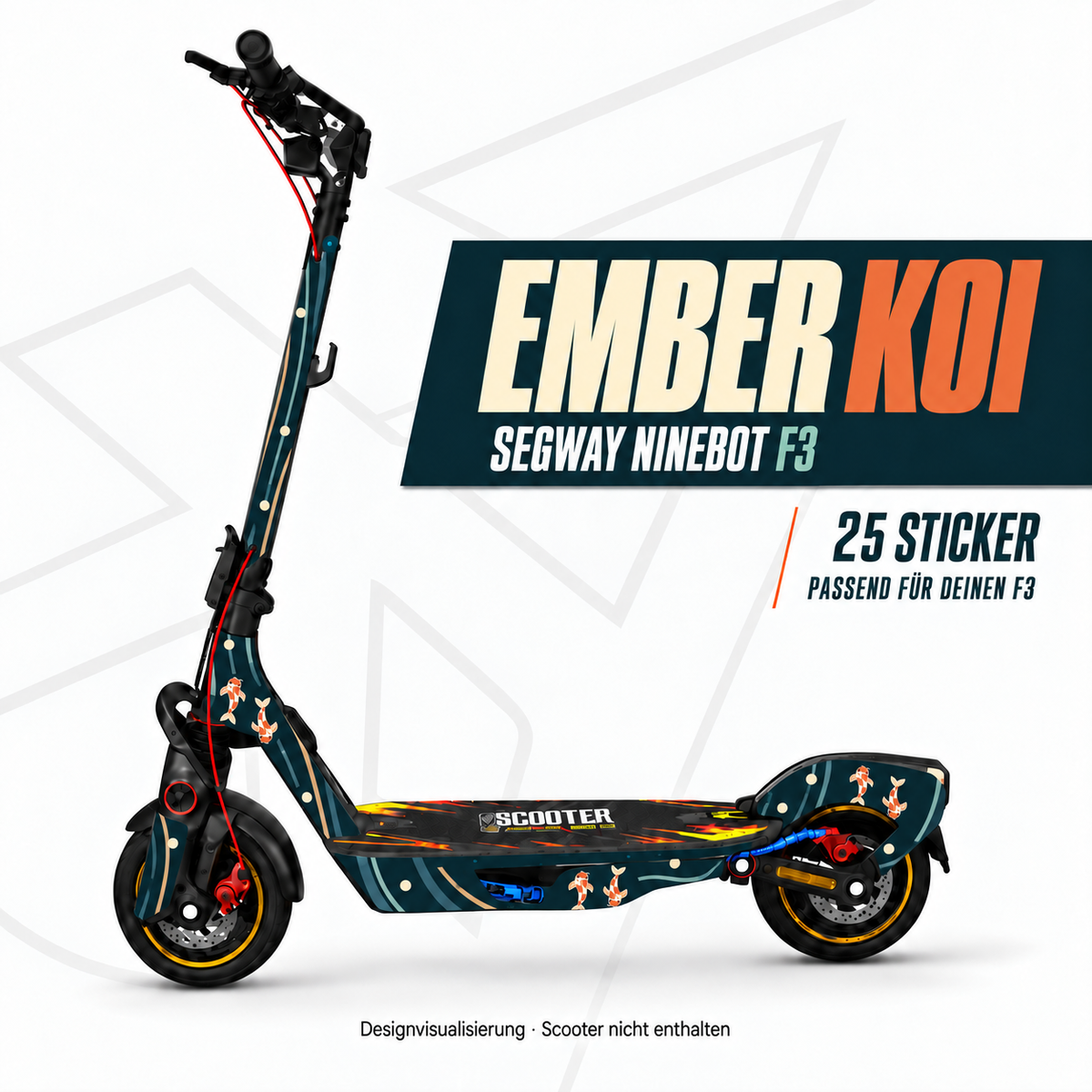 EMBER KOI Designansicht für Segway Ninebot F3: orange-cremefarbene Koipaare und blaue Wasserlinien auf Petrol; originale Trittmatte bleibt erhalten.