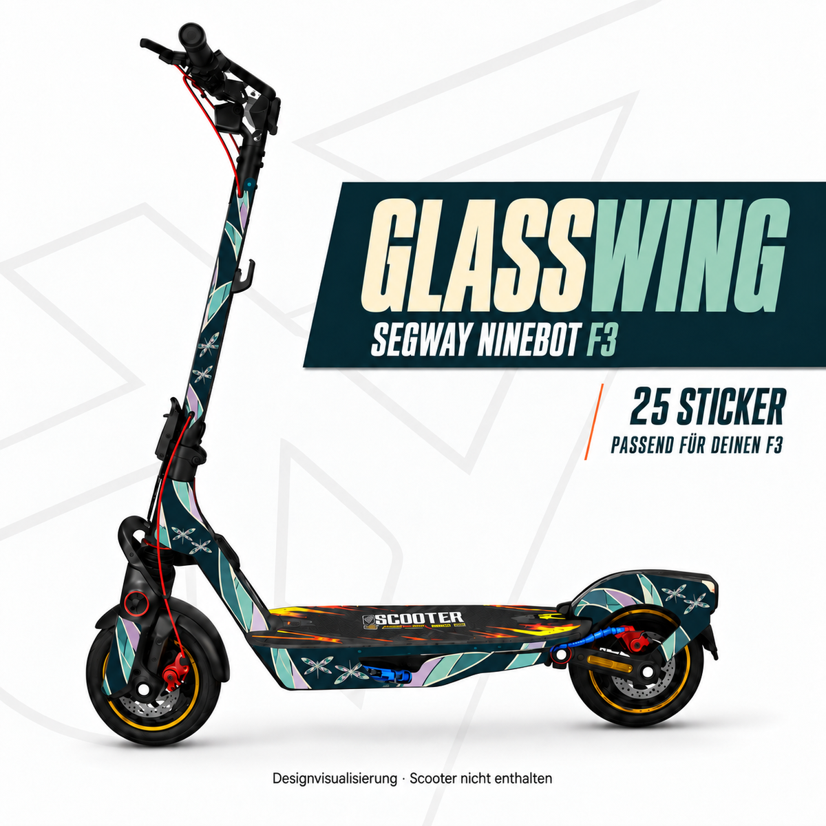 GLASSWING Designansicht für Segway Ninebot F3: dunkelblaues Skin mit Libellenpaaren und facettierten Flügelbändern in Jade, Petrol und Flieder; originale Trittmatte bleibt erhalten.