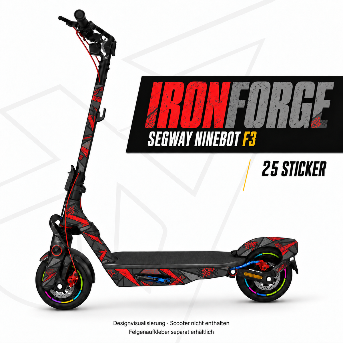 IRONFORGE Skin für Segway Ninebot F3. Felgenaufkleber separat erhältlich.