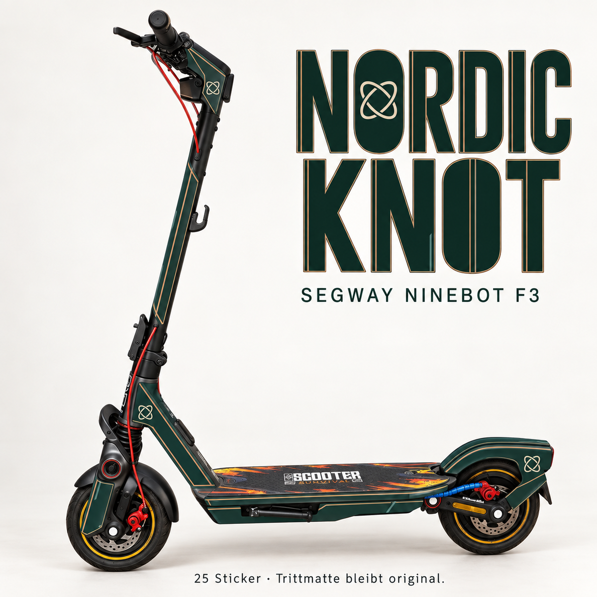 NORDIC KNOT für Segway Ninebot F3: Waldgrün mit elfenbeinfarbenen Knotenemblemen und kupferfarbenen Linien; große Designschrift, originale Trittmatte.