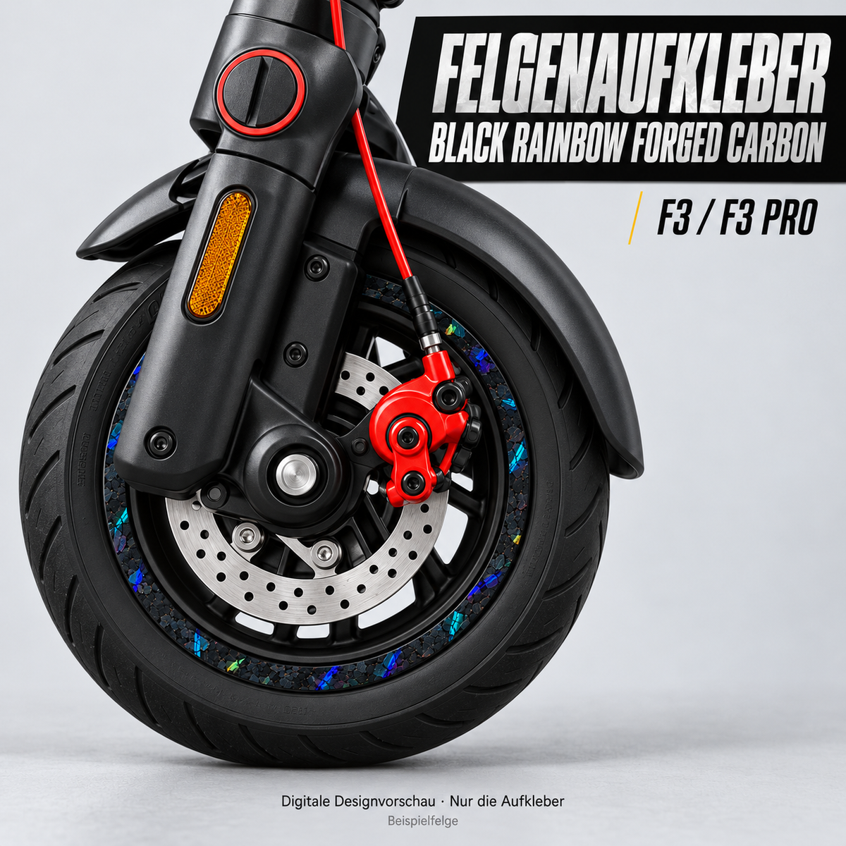 Black Rainbow Forged Carbon Felgenaufkleber für Segway F3 / F3 Pro – digitale Designvorschau; nur die Aufkleber, Beispielfelge nicht enthalten.