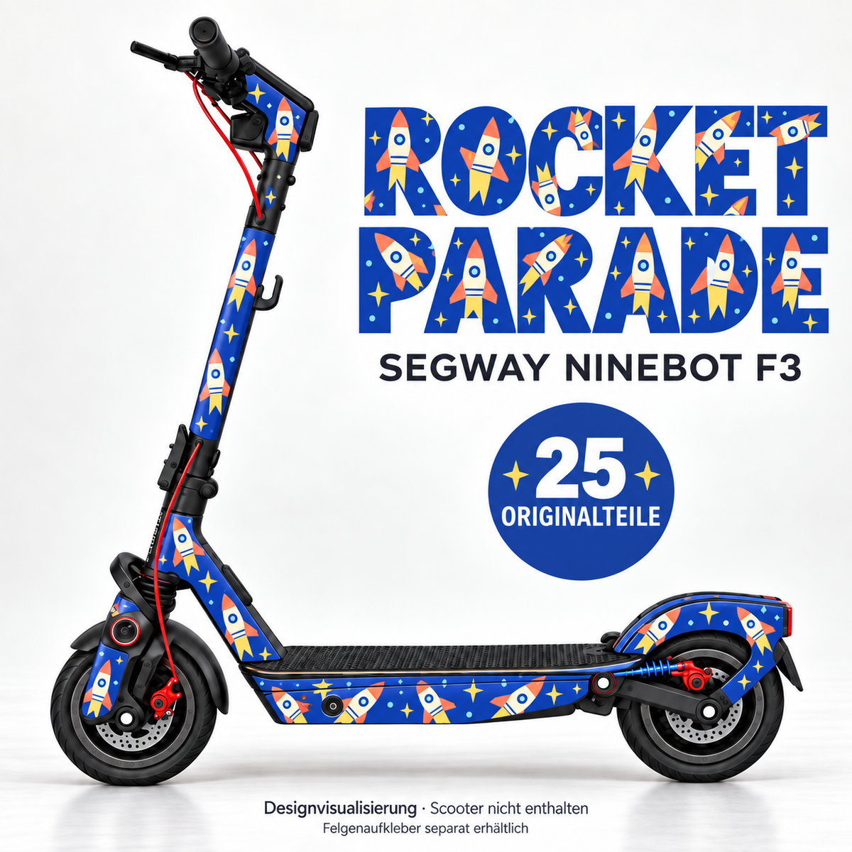 ROCKET PARADE Skin für Segway Ninebot F3. Felgenaufkleber separat erhältlich.