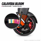 CALAVERA BLOOM Felgenaufkleber passend zum Skin: Ring aus dem Skin-Motiv auf Beispielrad, Lupe mit Musteransicht. Nur Felgenaufkleber, Form je nach Modell.
