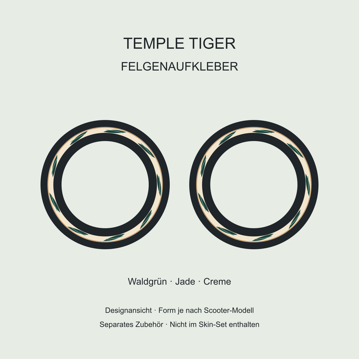 Temple Tiger Felgenaufkleber – cremefarbene Ringe mit langen grünen Bambusblättern und kupferfarbenem Rand; separates Zubehör.