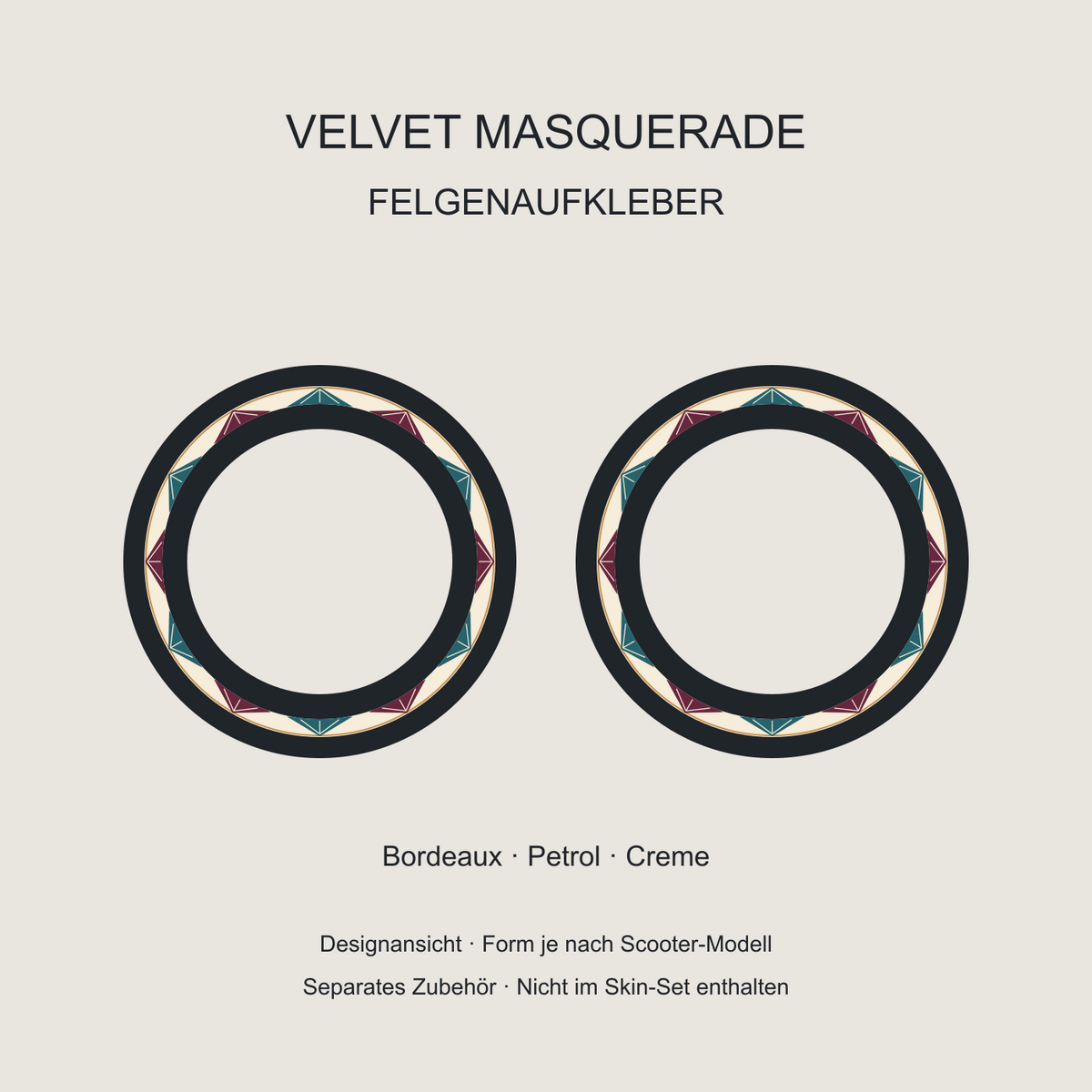 Velvet Masquerade Felgenaufkleber – geometrische Fächer in Bordeaux und Petrol auf Creme mit kupferfarbenem Rand. Separates Zubehör.