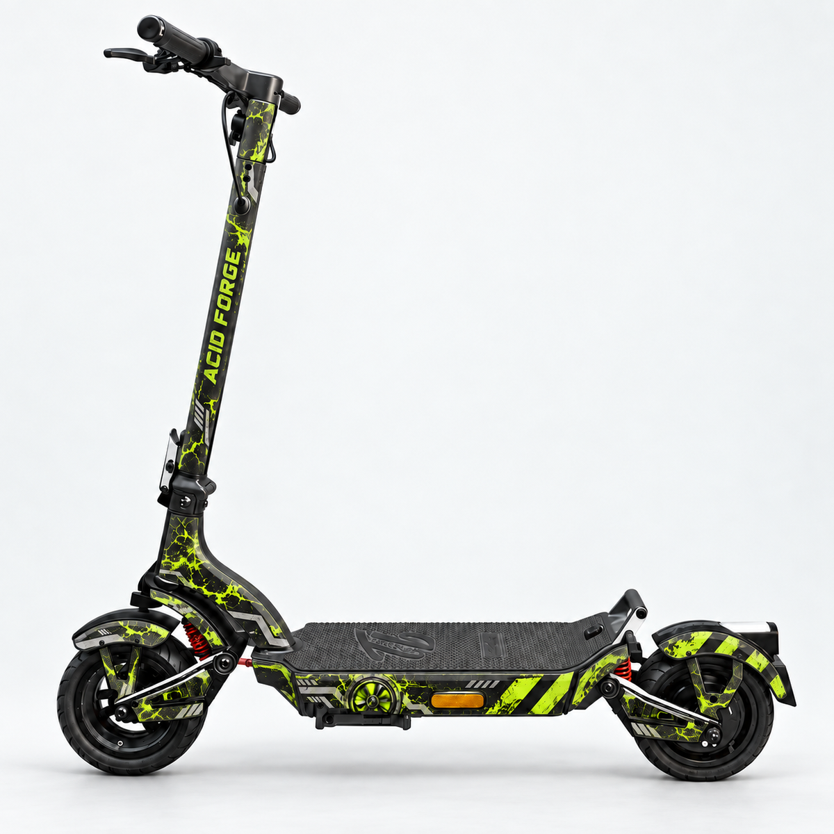 Acid Forge – Designvisualisierung des montierten Skins am Trittbrett Fritz. Scooter nicht enthalten.