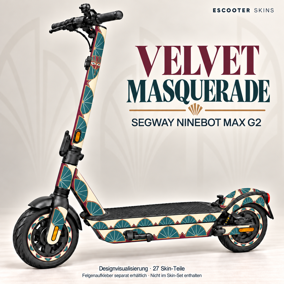 VELVET MASQUERADE am Segway Ninebot MAX G2 – venezianisch inspirierte Maske und große Art-Deco-Fächer in Bordeaux, Petrol, Creme und Kupferocker. Felgenaufkleber separat, nicht im Skin-Set enthalten.
