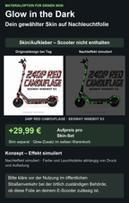 240P RED CAMOUFLAGE · SEGWAY NINEBOT E3 – Glow Zusatzoption +29,99 €; Skin separat; Effekt simuliert; Scooter nicht enthalten. Bitte kläre vor der Nutzung im öffentlichen Straßenverkehr bei der örtlich zuständigen Behörde, ob diese Folie an deinem E-Scooter zulässig ist.