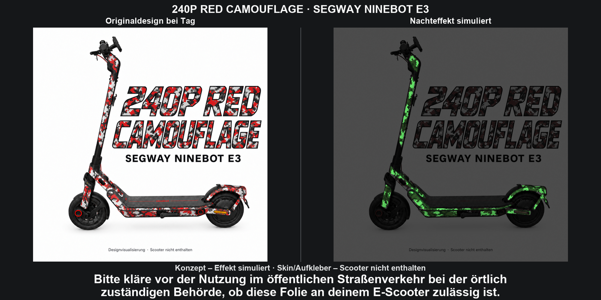 240P RED CAMOUFLAGE · SEGWAY NINEBOT E3 – Original bei Tag und simulierter grüner Nachleuchteffekt; Effekt simuliert; Scooter nicht enthalten. Bitte kläre vor der Nutzung im öffentlichen Straßenverkehr bei der örtlich zuständigen Behörde, ob diese Folie an deinem E-Scooter zulässig ist.