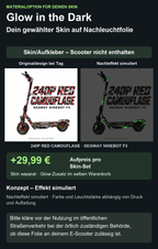 240P RED CAMOUFLAGE · SEGWAY NINEBOT F3 – Glow Zusatzoption +29,99 €; Skin separat; Effekt simuliert; Scooter nicht enthalten. Bitte kläre vor der Nutzung im öffentlichen Straßenverkehr bei der örtlich zuständigen Behörde, ob diese Folie an deinem E-Scooter zulässig ist.