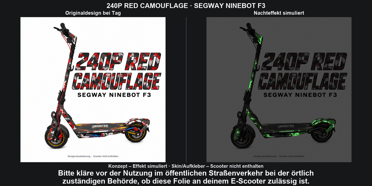 240P RED CAMOUFLAGE · SEGWAY NINEBOT F3 – Original bei Tag und simulierter grüner Nachleuchteffekt; Effekt simuliert; Scooter nicht enthalten. Bitte kläre vor der Nutzung im öffentlichen Straßenverkehr bei der örtlich zuständigen Behörde, ob diese Folie an deinem E-Scooter zulässig ist.