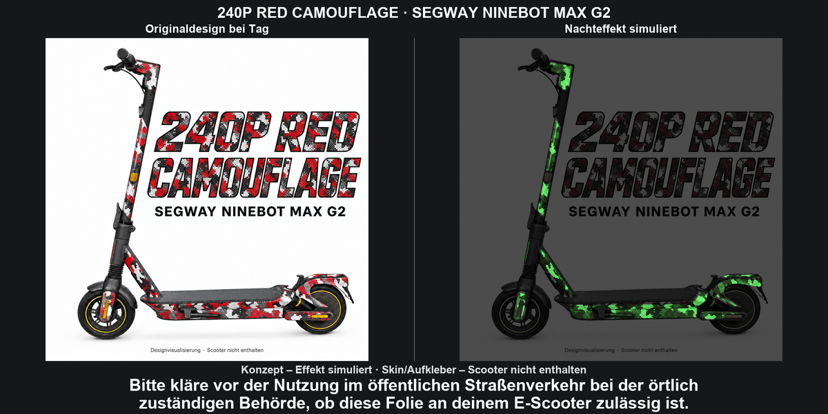 240P RED CAMOUFLAGE · SEGWAY NINEBOT MAX G2 – Original bei Tag und simulierter grüner Nachleuchteffekt; Effekt simuliert; Scooter nicht enthalten. Bitte kläre vor der Nutzung im öffentlichen Straßenverkehr bei der örtlich zuständigen Behörde, ob diese Folie an deinem E-Scooter zulässig ist.