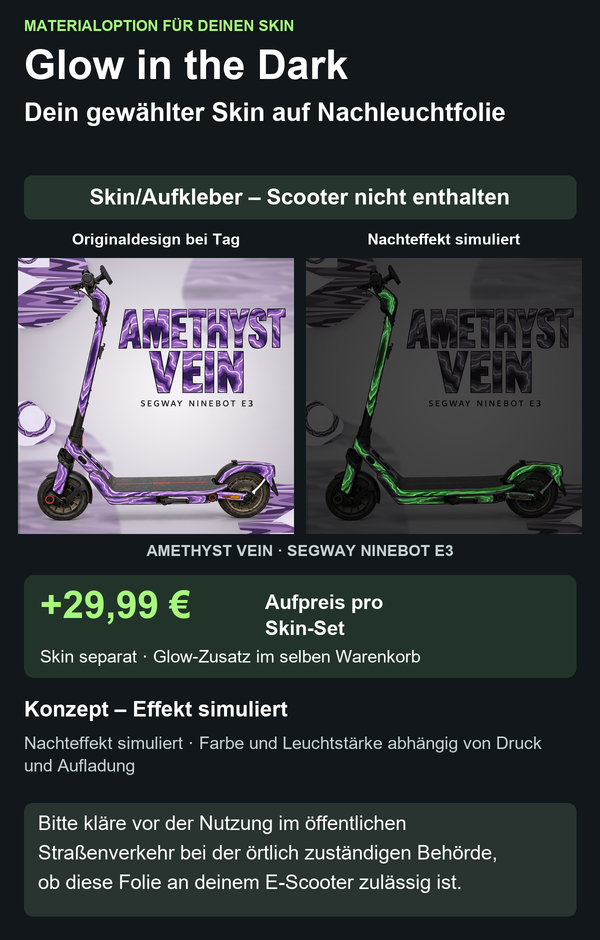 AMETHYST VEIN · SEGWAY NINEBOT E3 – Glow Zusatzoption +29,99 €; Skin separat; Effekt simuliert; Scooter nicht enthalten. Bitte kläre vor der Nutzung im öffentlichen Straßenverkehr bei der örtlich zuständigen Behörde, ob diese Folie an deinem E-Scooter zulässig ist.