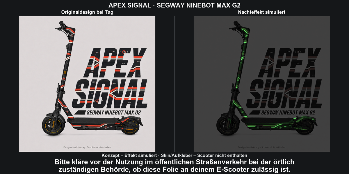 APEX SIGNAL · SEGWAY NINEBOT MAX G2 – Original bei Tag und simulierter grüner Nachleuchteffekt; Effekt simuliert; Scooter nicht enthalten. Bitte kläre vor der Nutzung im öffentlichen Straßenverkehr bei der örtlich zuständigen Behörde, ob diese Folie an deinem E-Scooter zulässig ist.